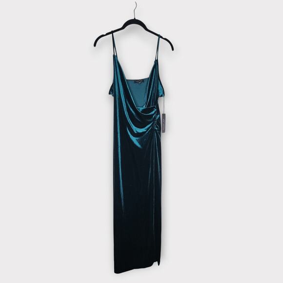 NEW Rachel Zoe Womens Velvet Slip Dress L Green Ruched Side Slit Holiday Party - Picture 1 of 7